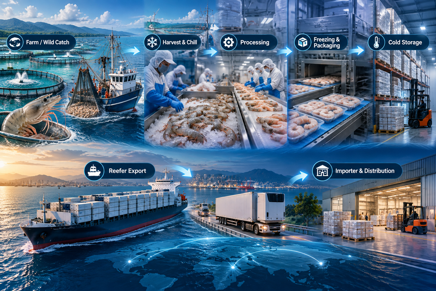 Global frozen shrimp supply chain from farm and wild catch through processing, freezing, cold storage, reefer export and importer distribution