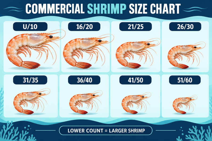 Commercial shrimp size chart comparing U/10, 16/20, 21/25, 26/30, 31/35, 36/40, 41/50 and 51/60 grades.