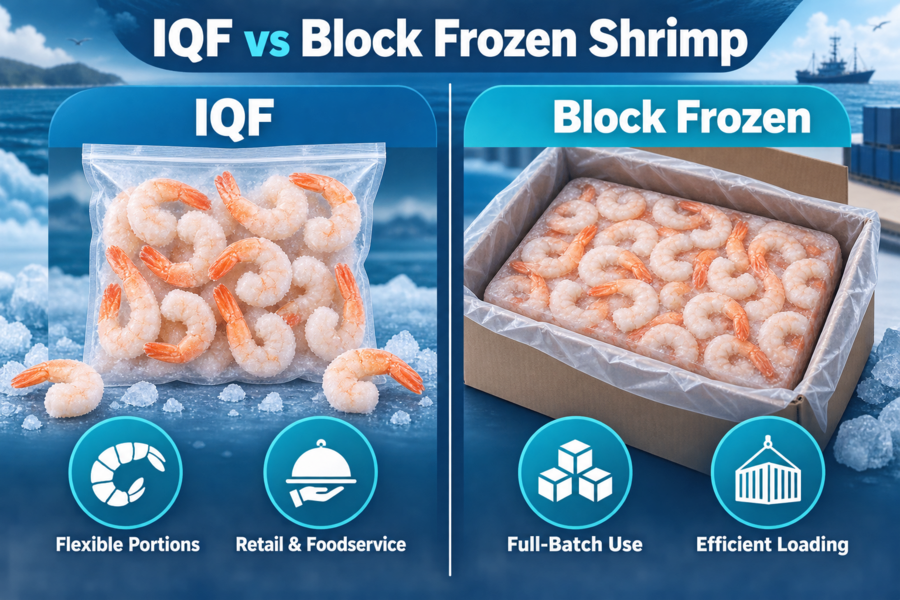 IQF versus block-frozen shrimp infographic comparing flexible portions and retail use with full-batch handling and efficient loading.