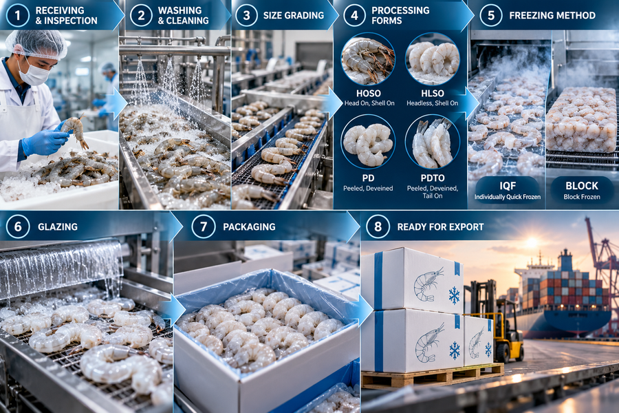 Shrimp processing and freezing stages showing inspection, washing, grading, HOSO HLSO PD PDTO forms, IQF and block freezing, glazing and packaging