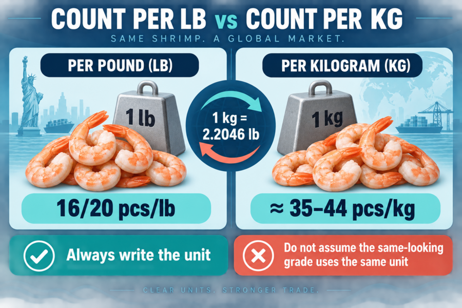 Shrimp count per pound versus count per kilogram, including the 1 kg to 2.2046 lb conversion and a 16/20 example.
