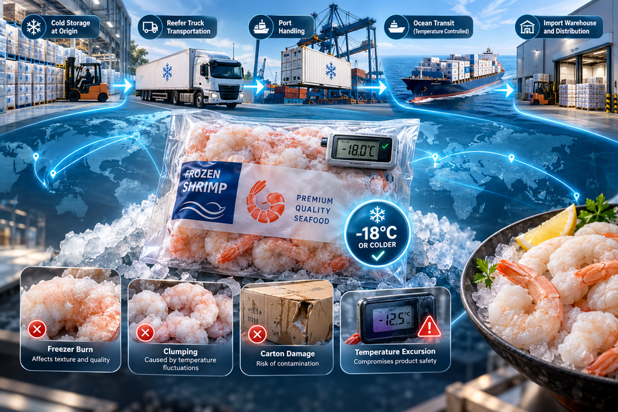 Frozen shrimp cold chain at minus 18 degrees Celsius or colder with cold storage, reefer trucks, port handling, ocean transit and import warehouse