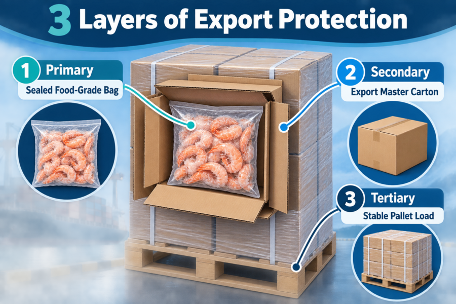 Three layers of frozen shrimp export protection showing a sealed food-grade bag, master carton and stable wrapped pallet load.
