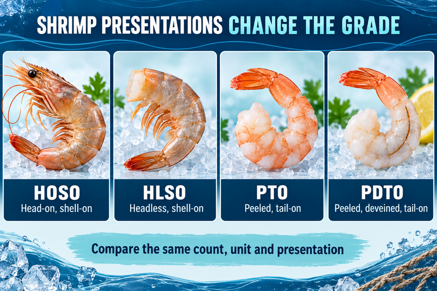 HOSO, HLSO, PTO and PDTO shrimp presentations compared to show how processing form changes the commercial grade.