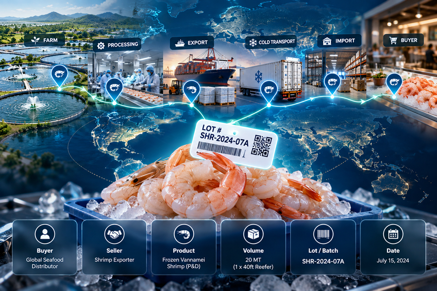 Shrimp traceability infographic showing lot and batch tracking from farm through processing, export, cold transport, import and buyer