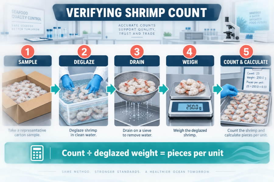 Five-step frozen shrimp count verification process: sampling, deglazing, draining, weighing, counting and calculating.