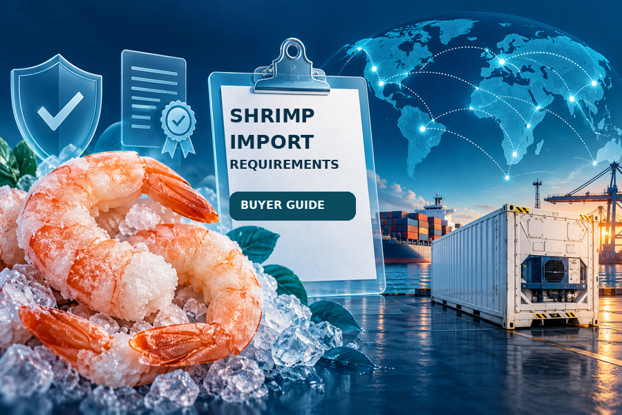 Frozen shrimp, document clipboard, global trade map and refrigerated container illustrating shrimp import requirements for international buyers.