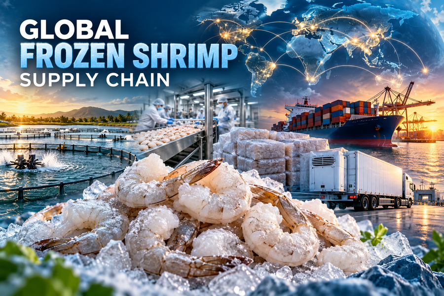 Global frozen shrimp supply chain thumbnail with shrimp farming, processing plant, frozen cargo, reefer truck, container ship and worldwide trade routes