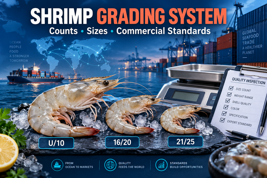 Shrimp grading system thumbnail with U/10, 16/20 and 21/25 shrimp, weighing equipment and an export quality checklist.
