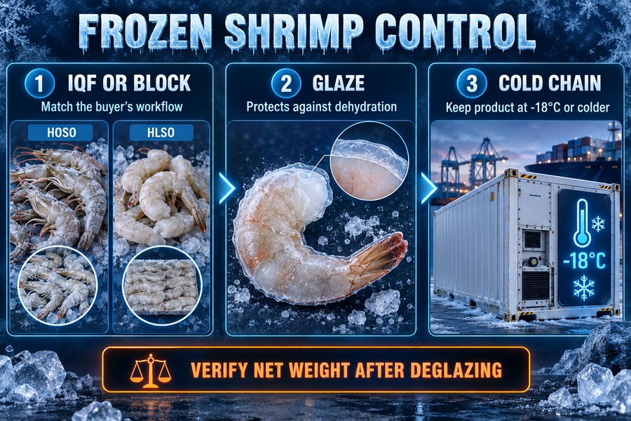 Frozen HOSO and HLSO shrimp control infographic explaining freezing, glazing and cold-chain requirements