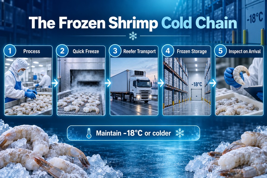 Frozen shrimp cold-chain infographic showing processing, quick freezing, reefer transport, frozen storage and inspection at -18°C or colder.