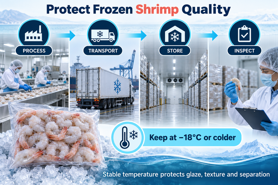 Frozen shrimp cold-chain infographic showing processing, transport, storage and inspection at minus 18 degrees Celsius or colder