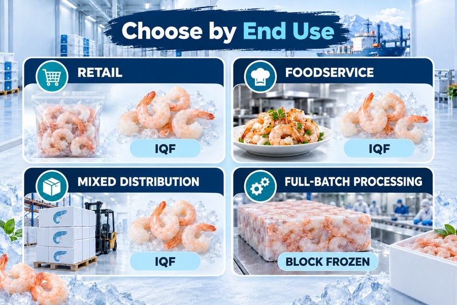 Frozen shrimp format infographic recommending IQF for retail, foodservice and mixed distribution and block frozen for full-batch processing