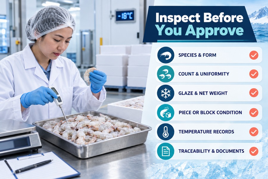 Frozen shrimp inspection checklist covering species, count, glaze, net weight, product condition, temperature records and traceability