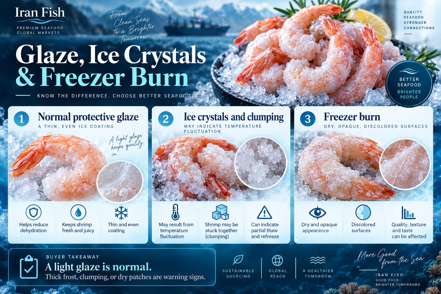 Frozen shrimp quality infographic explaining protective glaze, ice crystals, clumping and freezer burn