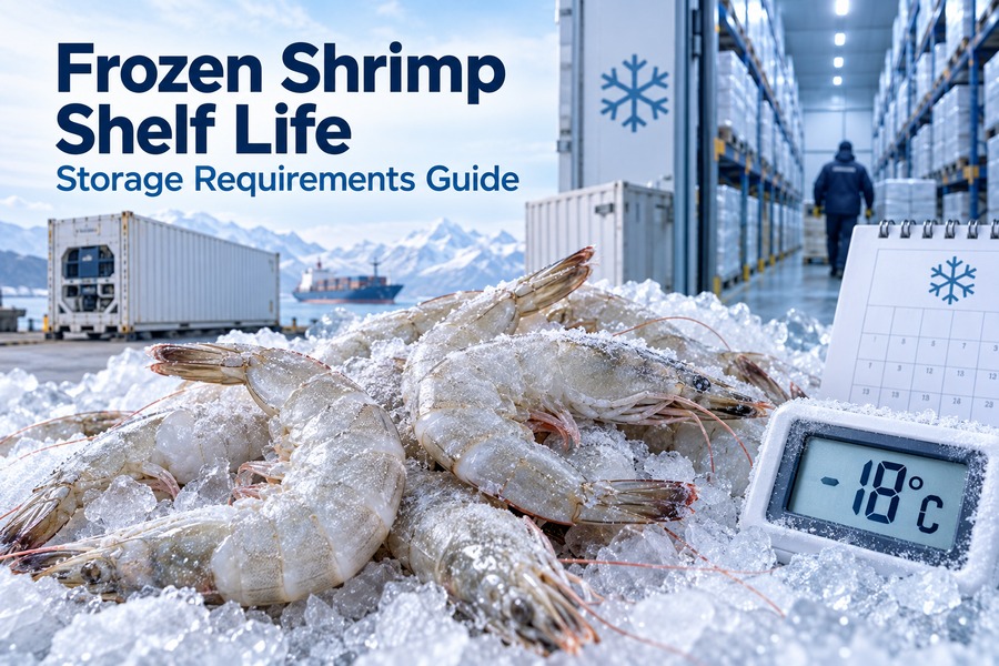 Frozen shrimp shelf life and storage requirements guide with Vannamei shrimp on ice, a -18°C thermometer, reefer container and cold warehouse.