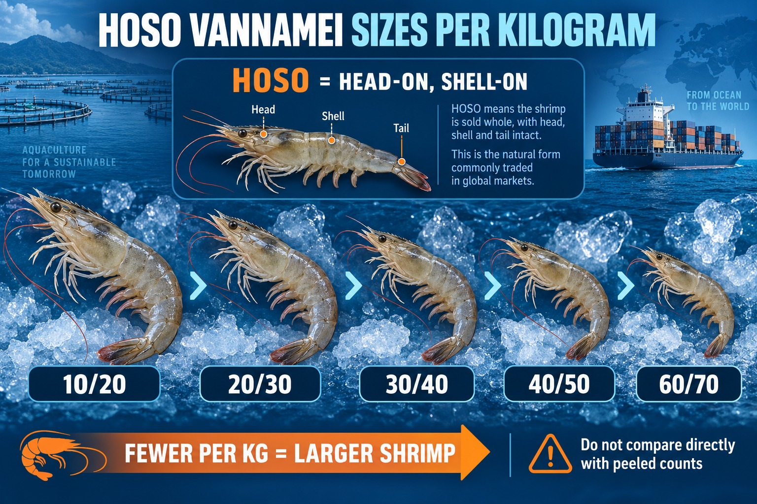 HOSO Vannamei shrimp sizes per kilogram showing 1020 to 6070 count grades
