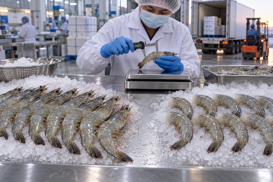HOSO and HLSO Vannamei shrimp undergoing quality inspection at a seafood export facility