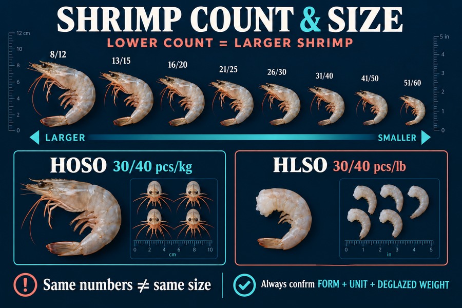HOSO and HLSO shrimp count and size grading infographic comparing pieces per kilogram and pound