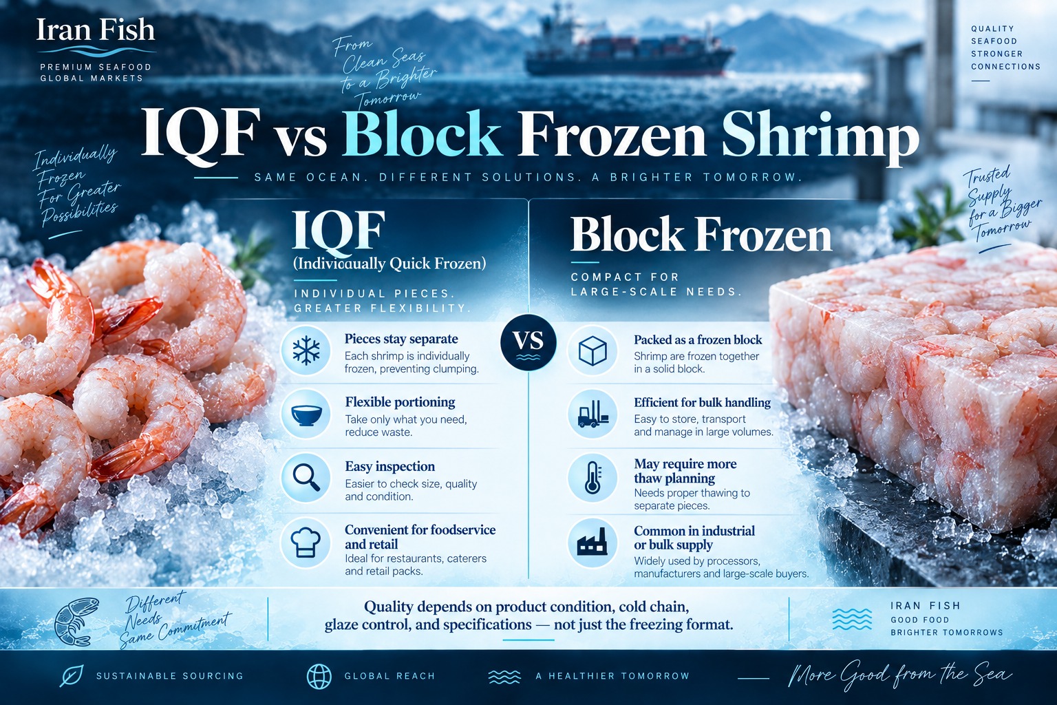 IQF vs block frozen shrimp comparison showing freezing method, portioning, inspection and bulk handling differences