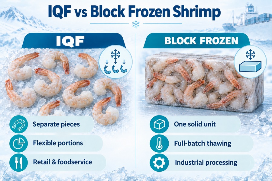 IQF vs block frozen shrimp infographic comparing separate pieces and flexible portions with solid blocks and full-batch thawing