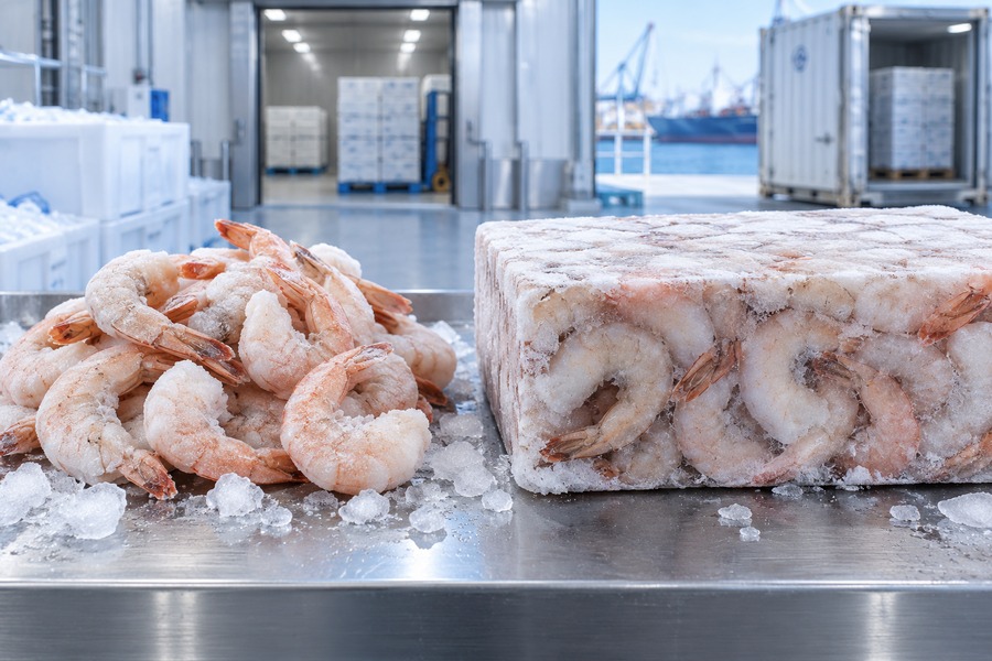 Loose individually quick frozen shrimp beside a solid block of frozen shrimp in a professional seafood cold-chain facility