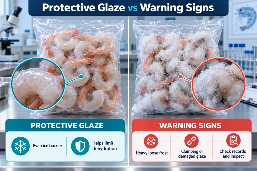 Protective shrimp glaze compared with warning signs including heavy loose frost, clumping and damaged ice glaze