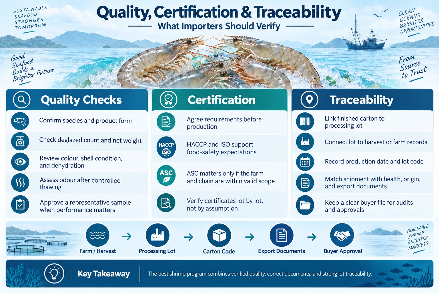 Shrimp quality certification and traceability infographic for importers sourcing frozen Vannamei and Black Tiger shrimp
