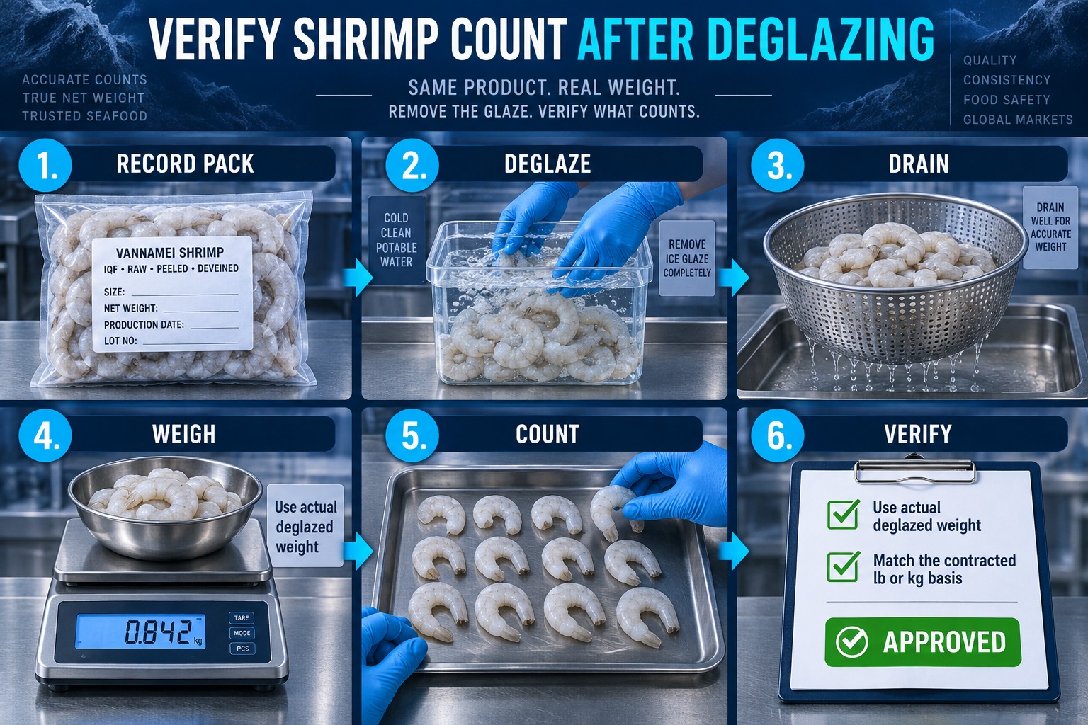Six-step process for verifying Vannamei shrimp count and net weight after deglazing