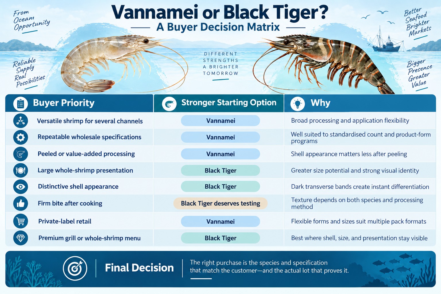 Vannamei or Black Tiger shrimp buyer decision matrix comparing processing, presentation, texture and wholesale applications