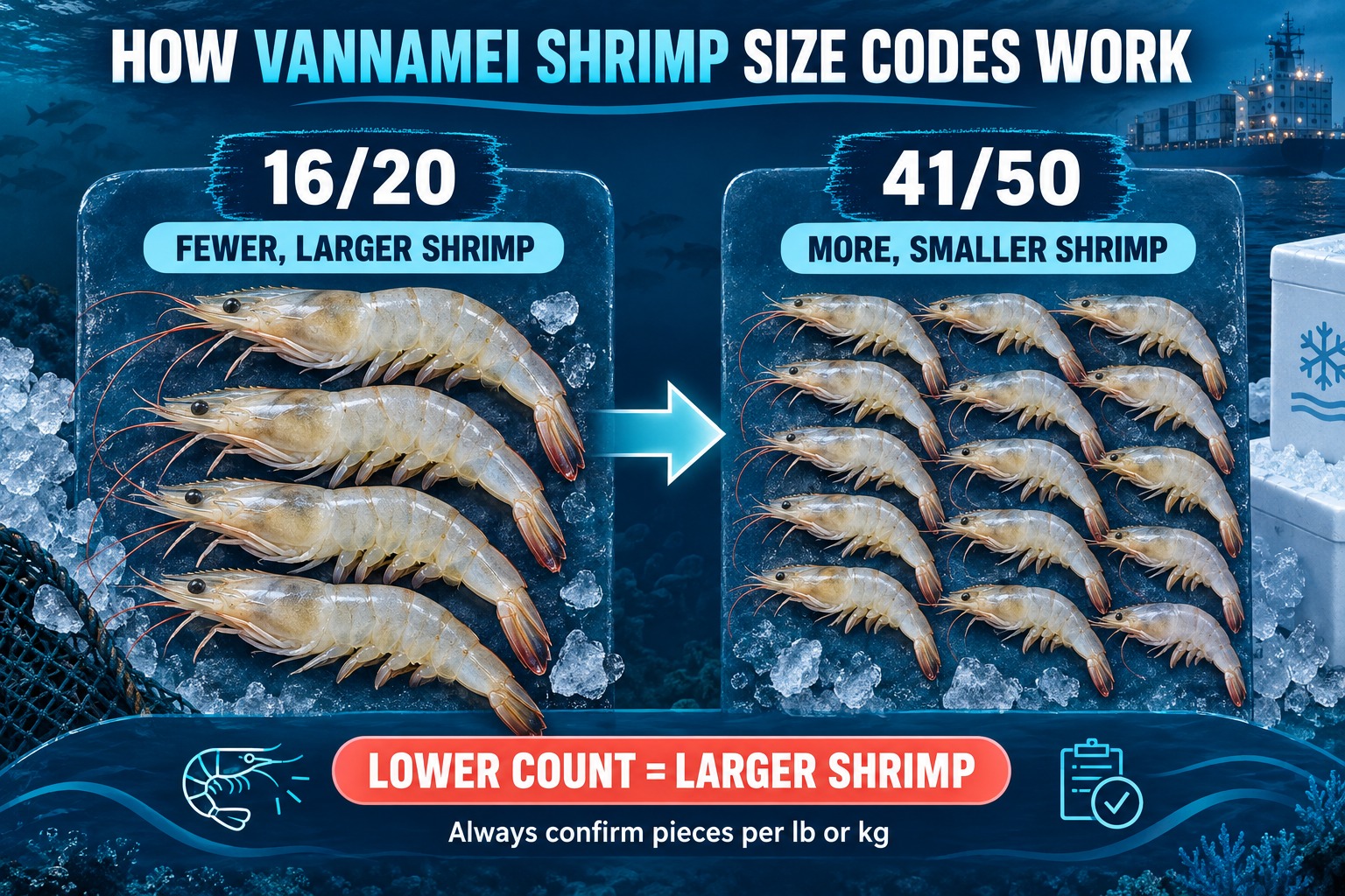 Vannamei shrimp size codes infographic comparing 1620 larger shrimp with 4150 smaller shrimp