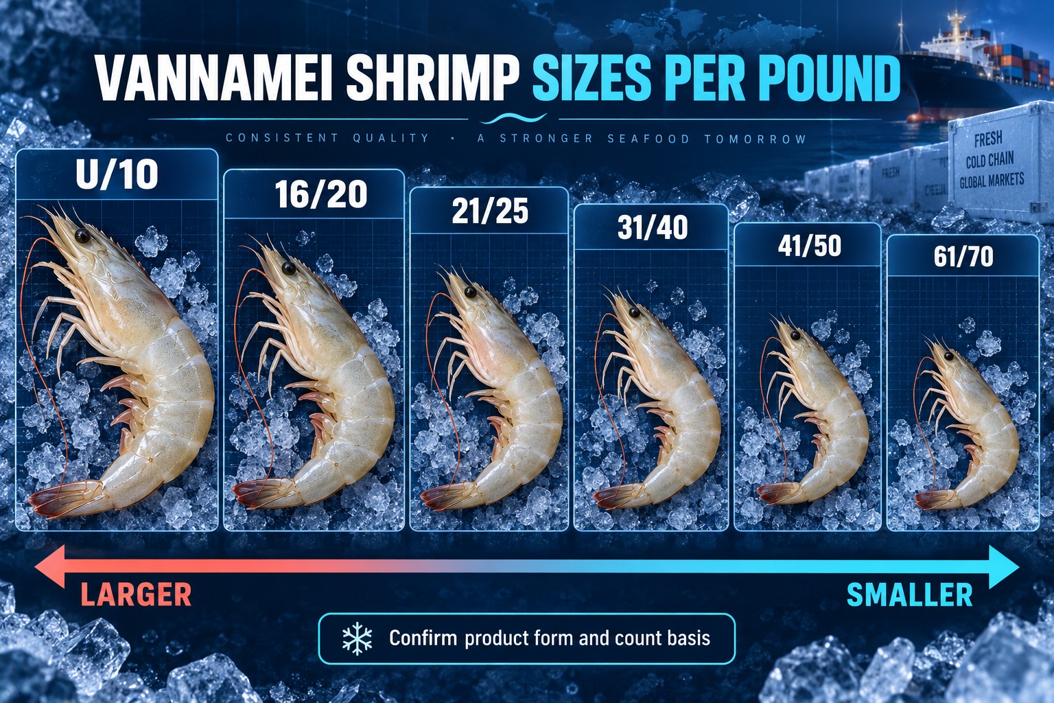 Vannamei shrimp sizes per pound chart from U10 to 6170 for wholesale buyers