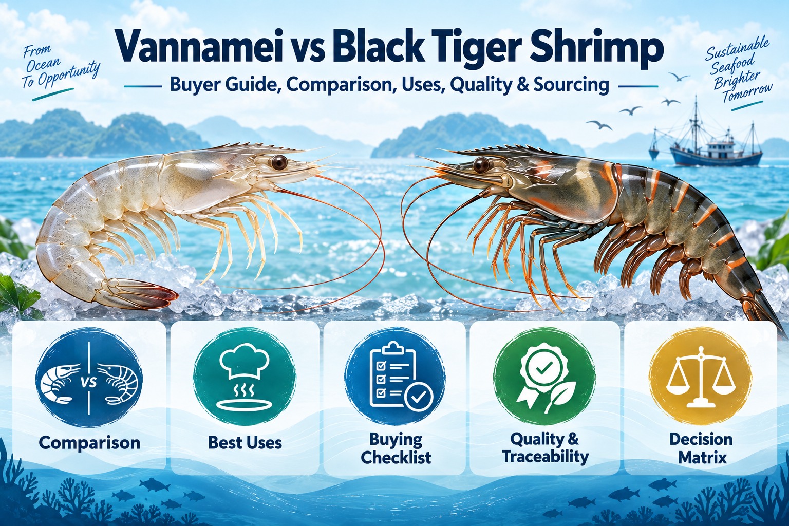 Vannamei vs Black Tiger shrimp buyer guide covering comparison, uses, quality, sourcing and purchasing decisions