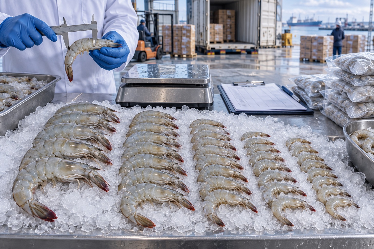 Wholesale Vannamei shrimp arranged by size during quality inspection at an export facility