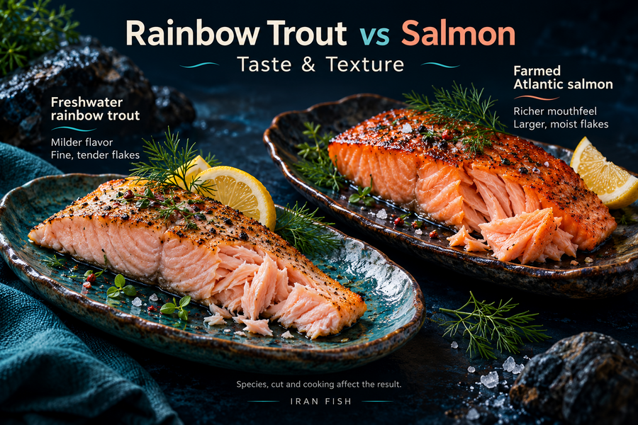 rainbow-trout-and-atlantic-salmon-portions-comparing-mild-flavor-richer-mouthfeel-and-cooked-flakes