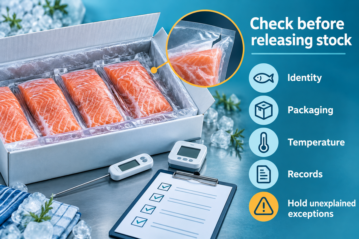 05-Check-frozen-salmon-identity-packaging-temperature-and-records-before-releasing-stock