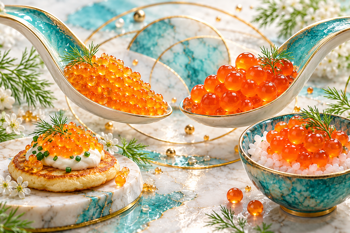 06 Trout roe and salmon roe with blinis and a rice bowl